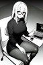 Placeholder: hacker girl with glasses use a laptop sitting in a cafe, line arts, greyscale