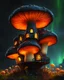 Placeholder: An illogical floating mushroom house on a clear moonless night. . Bright Bold Bright Colors, orange yellow green black, Starry Dark cosmic interstellar. Detailed Matte Painting, deep color, fantastical, intricate detail, splash screen, hyperdetailed, insane depth, concept art, 8k resolution, trending on Artstation, Unreal Engine 5, color depth, backlit, splash art, dramatic, High Quality Whimsical Fun Imaginative Bubbly, perfect composition