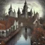 Placeholder: A magical dark gothic canal little town of wizards, witches and warlocks with a castle and huge caravan houses Nick Harris style