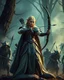 Placeholder: Realistic Photography length image,elf princess wearing luxurious armor standing action holding arrow ready to shot sorrounded by orcs zombies troops