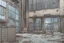Placeholder: office building, dilapidated, post-apocalypse, front view, street, comic book, cartoon