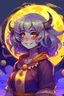 Placeholder: Style: anime manga, A Girl with dark skin tone, Red eye with a yellow base, Full curly white hair, moon-shaped cheek marks, and a childish smile, Her face is half in profile, Her outfit is: A lunar witch with purple color.