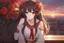 Placeholder: woman with long brown hair, red eyes, pale skin, highly detailed, intricate background, intricate face, standing on a balcony during sunset, contemplative, anime style, Genshin Impact inspired, dynamic composition, pyro vision bearer