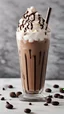 Placeholder: A tall glass filled with ice and topped with whipped cream and chocolate drizzle, with a straw and coffee beans scattered around.
