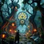 Placeholder: Scene from a modern fantasy action movie featuring the "Garden of Practicality", the Clockwork Forest Realm of Ix Chel, Cyberpunk style. Coloring similar to Lord of the Rings movies.
