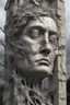 Placeholder: surrealis monochrome A fragmented, surreal sculpture liguid color of photorealistic image 3d,psychedelic art of trump glossy emerging from dreamlike a crumbling building. The face appears pale with deep cracks and intricate details, evoking a haunting expression. Blackened tree branches intertwine with the gold mengkilat cracks, set against a backdrop of stormy, cloud-filled skies. bauhaus art The overall tone is dark and moody, suggesting themes of decay and transformation. Include