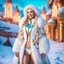 Placeholder: (masterpiece, best quality, 8k, RAW photo, beautiful and aesthetic:1.2), complex detail, Indirect light, photorealistic, (((full body))), 2 Gorgeous Cosmic russian goddess smiling, long curved blonde hair, Mixed, sci-fi and traditional russian outfit with white furs and chapka, colorfull Sci-Fi environment