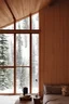 Placeholder: Intérieur chalet bois et béton dans montagnes avec sapins et neige. Lumière soleil couchant