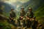 Placeholder: Japanese 1920 oil painting FEDRA from TLOU but as Vietnam men soldiers in the mountains far away from the scenery