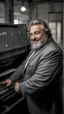 Placeholder: full figure shot photography of an italian smiling strong massive big chubby 50 year old man in opened gray suit, manly chest, unbuttoned shirt, short beard, shirtless, printer in an old printing house, next to a huge old printer, dim light, side light, ambient occlusion