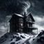 Placeholder: Hyper Realistic black abandoned dark haunted house on the top of a mountain at heavy snowfall night with tornado behind