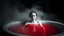 Placeholder: monochrome photo of very blur face sad pale woman sitting in bath tube around her red water, in bath, blur fog, background one black demonic shadow, dark gray old wall, darkness around, sad, surreal dark vibe, dark colors, in wall circle dark deep abyss,splash art, cinematic, depressive vibe