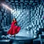 Placeholder: make a picture pretty stage made of metallic blue-gray teme 3d recursive cubic and sphere base structures and a beautiful fashion model lady posing with cute in black and white and the scene is in color,with dark red top and pretty pleated midi skirt ,makeup curvy long hair,dynamic camera zoom to full body and pan, dynamic lights.