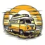 Placeholder: A retro camper van parked by the ocean, nostalgic, carefree, golden hour lighting, T-shirt design graphic, vector, contour, white background.