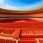 Placeholder: An orangish red Olympics sports stadium designed in ancient Egyptian pottery painted by Peter Carl Faberge