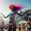 Placeholder: Ultra Realistic photo, medium shot view, drunken dancer bikini woman, carnival scene, monster hair, steampunk. Red hair, confeti, Sunglasses, smile, happy, festival, gradient color fog. highly detailed, concept art, unreal engine 5, ray tracing, RTX, lumen lighting, ultra detail, volumetric lighting, 3d, finely drawn, high definition, high resolution.