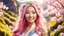 Placeholder: Portrait of a gorgeous smiling asian goddess with a golden dark skin, long smooth clear pink hair, blue eyes, in a sci-fi outfit with luminous strikes in a hill of flowers with sakura trees, a small torrent, loads of mini flowers, moss, sun rays through the branches, particles in the air at spring