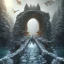 Placeholder: fantasy art of big wolf walking on very tight stone bridge over icy water, on the bridge is a mad wizard, there is also a hawk and everything is seen from the tree tops