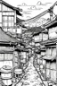 Placeholder: Japanese shanty town, line arts, manga style