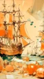 Placeholder: A light rosy orange colored bay with pirate ships and crystals painted by Édouard Manet