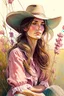 Placeholder: P: a young old-time cowgirl sitting in wildflowers and tall grasses, peaceful vision, wisps of hair around her face, straw hat, pink floral dress, muted colors, soft watercolor