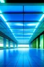 Placeholder: Blue sky and clouds, an empty airport room with a grass floor, rectangular pillars, liminal space, real photograph, drop ceiling, fluorescent lighting, dim lighting.