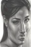 Placeholder: dibujo en grafito realista de rostro mujer 35 años pelo negro atado en cola de caballo tres cuartos perfil mira y sonrie plano tres cuartos perfil rasgos definidos labios definidos