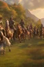 Placeholder: detailed oil painting, renaissance style, of mounted knights galloping across an open field, swords in hand, mountains in distance