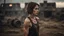 Placeholder: ducking beautiful slender caucasian female technician with a knife, looking away from camera, black tank top, well toned muscles, weathered face, scratched sand camo metal details, short brunette wavy bob haircut, dystopian, postapocalyptic city scene with smoke and explosions. giant satelite dish in the background