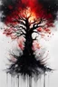 Placeholder: ink splatter art, burning tree in heavy rain, translucent, Agnes Cecile Wlop, Karol Bak, Carne Griffith: amazing alcohol ink splatter artwork, intricately detailed, minimalism, intense style, sumi ink, sharp and fine, high opacity, intense lighting, highly contrasted, elegant, iridescent gold features, white, black, red fluid ink, dripping ink, partly Silhouette effect, hyperdetailed double exposure masterwork by head of prompt engineering