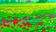 Placeholder: A neon green field with beautiful flowers painted by Utagawa Hiroshige