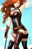 Placeholder: concept illustration, super-detailed, beautiful teen female, 16 years old, loli, long ginger hair, medium freckles, full lips, full body, full face, b-cup breasts, athletic, centred camera, ignore NSFW, skimpy brown fantasy leather armor, halter top, micro thong, knee-high leather boots, open leather tasset, stern expression,