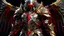 Placeholder: silver and gold knight armor with glowing red eyes, and a ghostly red flowing cape, crimson trim flows throughout the armor, the helmet is fully covering the face, black and red spikes erupt from the shoulder pads, crimson and gold angel wings are erupting from the back, crimson hair coming out the helmet, spikes erupting from the shoulder pads and gauntlets