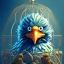 Placeholder: big bird in cage, close up on holy diver, beach, stone, movie poster, fantasy art, misty