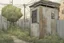 Placeholder: house, electrical box, overgrown, post-apocalyptic, comic book, city background