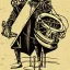 Placeholder: vitruvius man, playing drums, steampunk, art nouveau,