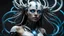 Placeholder: An android-mutant woman with long hair, a biomechanical mutant with sky-blue eyes, a white robot body, she is the AI-Medusa woman with like snakes of hair, the wirling with blue-white hair, full body, stunning, mystic and sci-fi mix creature, high detalied, sharp focus, perfect beauty, professional photo