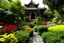 Placeholder: a Buddhist temple near garden full of flowers