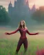 Placeholder: Feiticeira escarlate, Elizabeth Olsen, feiticeira, magia, bonita, cenário em um campo de flores, cinematográfico, dramático, por do sol, campo de flores, cores frias