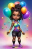 Placeholder: Create an airbrush image of a chibi black curvy female wearing a tie dye yoga outfit. Prominent make up with hazel eyes. Highly detail asymmetrical dread locs. background of colorful large ballons 2k