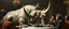 Placeholder: portrait painted by Rembrandt, stupid looking marble dragon rhino at banquet