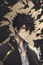 Placeholder: Anime style man with messy black hair and black cat ears. gold eyes. Glasses