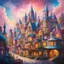 Placeholder: A whimsical fantasy town fantastical buildings with exaggerated shapes and lively colors, and the sky is a surreal blend of pastel hues. The scene is lively, filled with energy and a sense of wonder, highly detailed oil paint