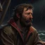 Placeholder: The lanky brown haired bearded deckhand "Simon Lionguard" looking out at a stormy sea realistic grimdark