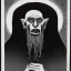 Placeholder: Nosferatu with four yellow eyes with fleshy tentacle hair beard grey skin and vampire fangs as a Russian Orthodox