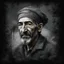 Placeholder: A an is of Moroccan Man wearing a fez , Hyper Realistic Aerial Grungy Dark-Grey Brush strokes on a dark rustic background with charcoals
