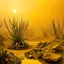 Placeholder: A striking quality Kodak photograph captures a wasteland with liquid and group of monstrous plants, creepy, details of the dust very accentuated, glossy organic mass, adorned with minerals and rocks. Bathed in intense light, eerie, Max Ernst style, yellow sun, fluids, fog, paranoic, obsessive