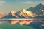 Placeholder: Sunny day, distant modern city, lake, lake reflections, people, mountains, sci-fi