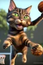 Placeholder: 13k, highly realistic and detailed image of a cat as a NBA basketball player in action dunking the ball in the net, sweaty hair, screaming look,action and explosive background