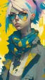 Placeholder: highly detailed portrait of a sewer emo punk lady student, sunglasses, blue eyes, tartan scarf, white hair by atey ghailan, by greg rutkowski, by greg tocchini, by james gilleard, by joe fenton, by kaethe butcher, gradient yellow, black, brown and magenta color scheme, grunge aesthetic!!! graffiti tag wall background